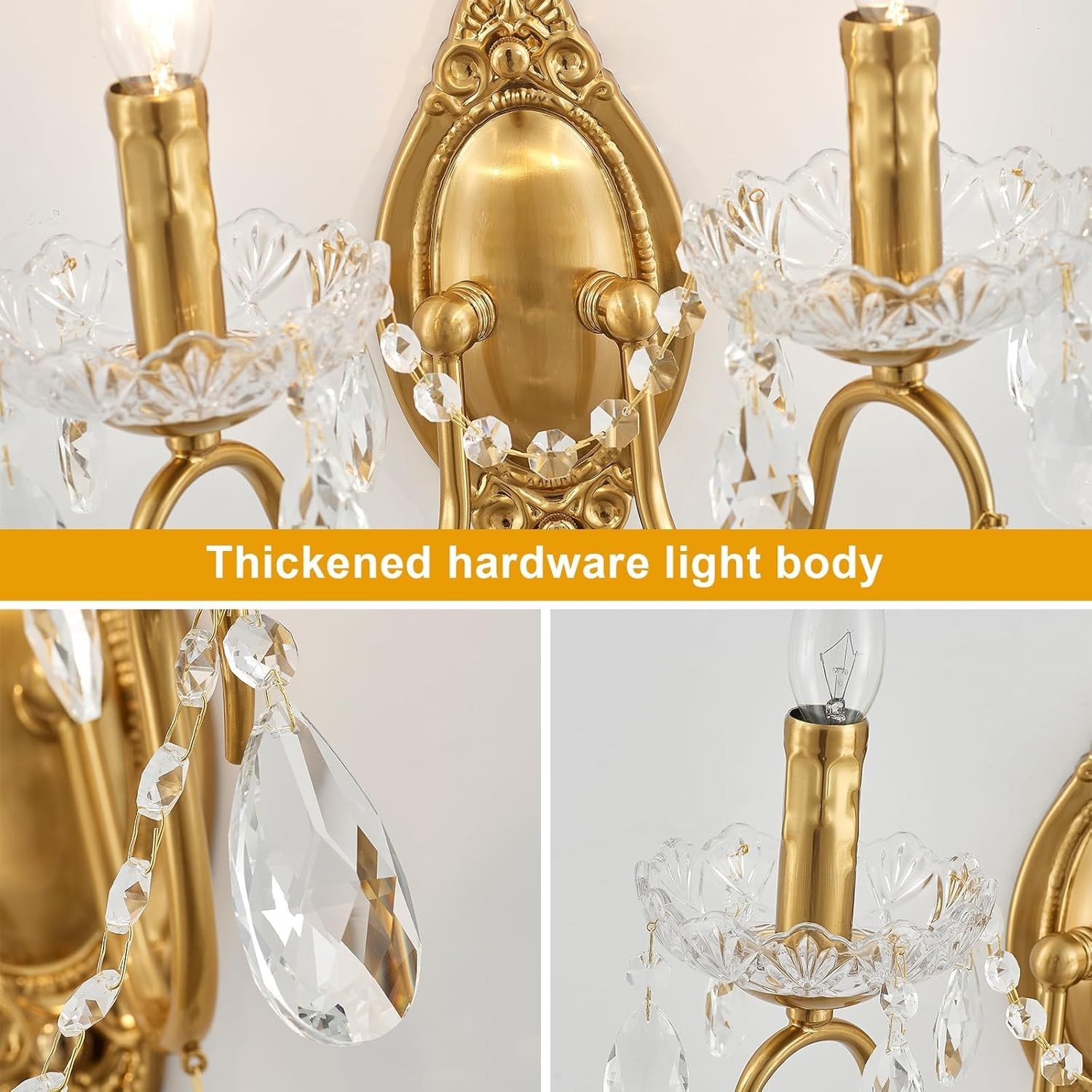 PAIR Ondersley Gold Brass Crystal Drops Prisms Bobeches Double Arm Wall Sconces!