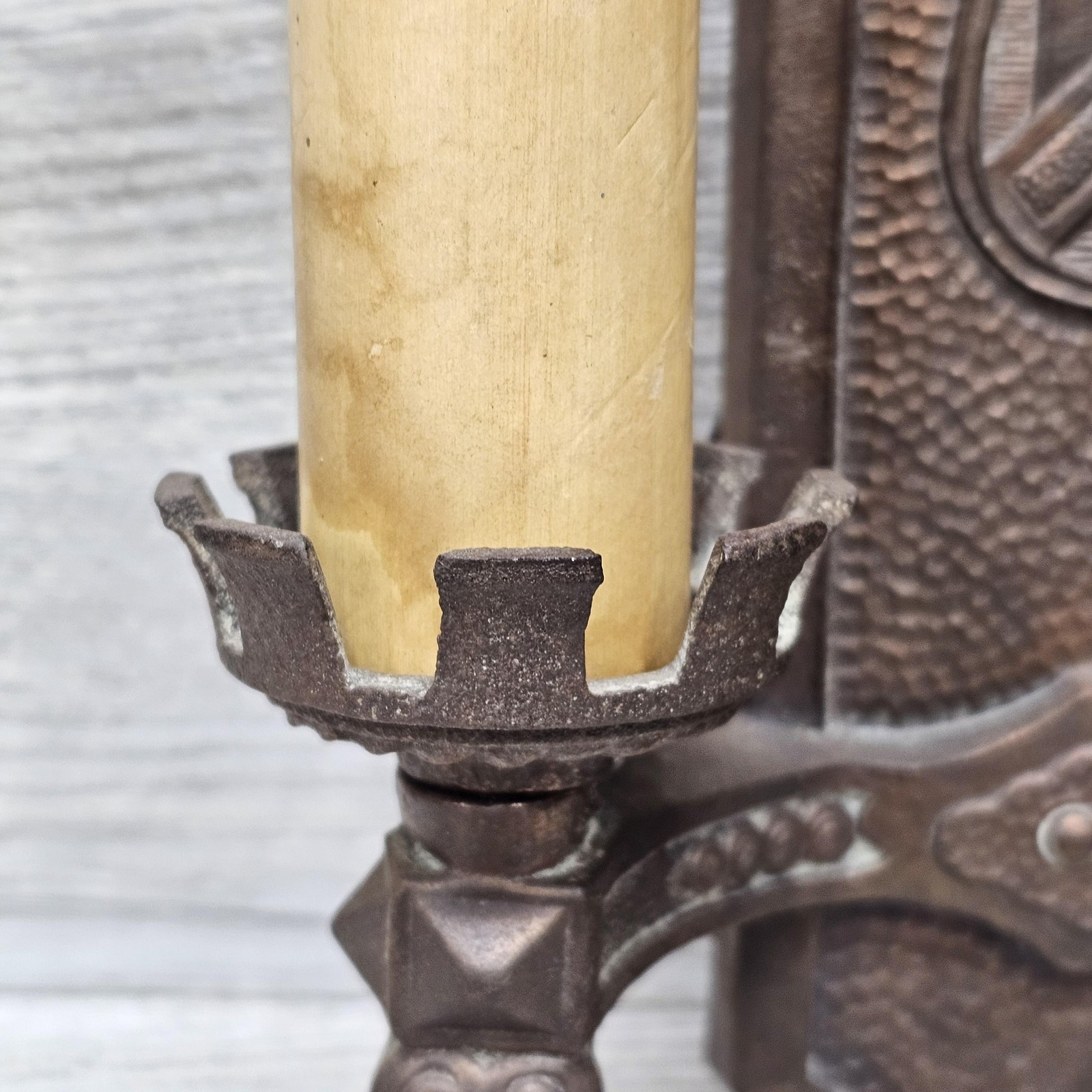Vintage Markel Cast Iron Gothic Wall Sconce Double Candle Light Bronze P596