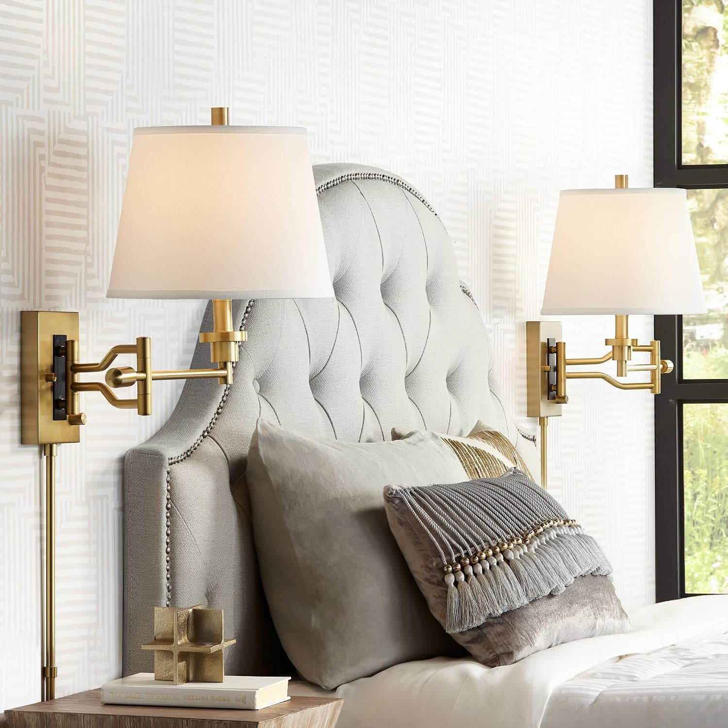 Satin Brass Plug-In Swing Arm Wall Lamps Set of 2 with White Linen Shade