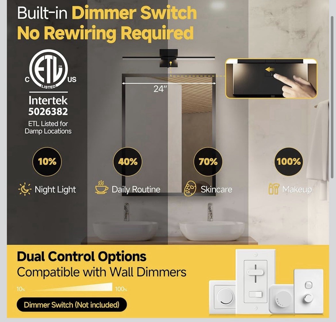 Vanity Lights 24 inch, 4-Level Brightness Built-in Dimmer, 14W Dimmable 5CCT