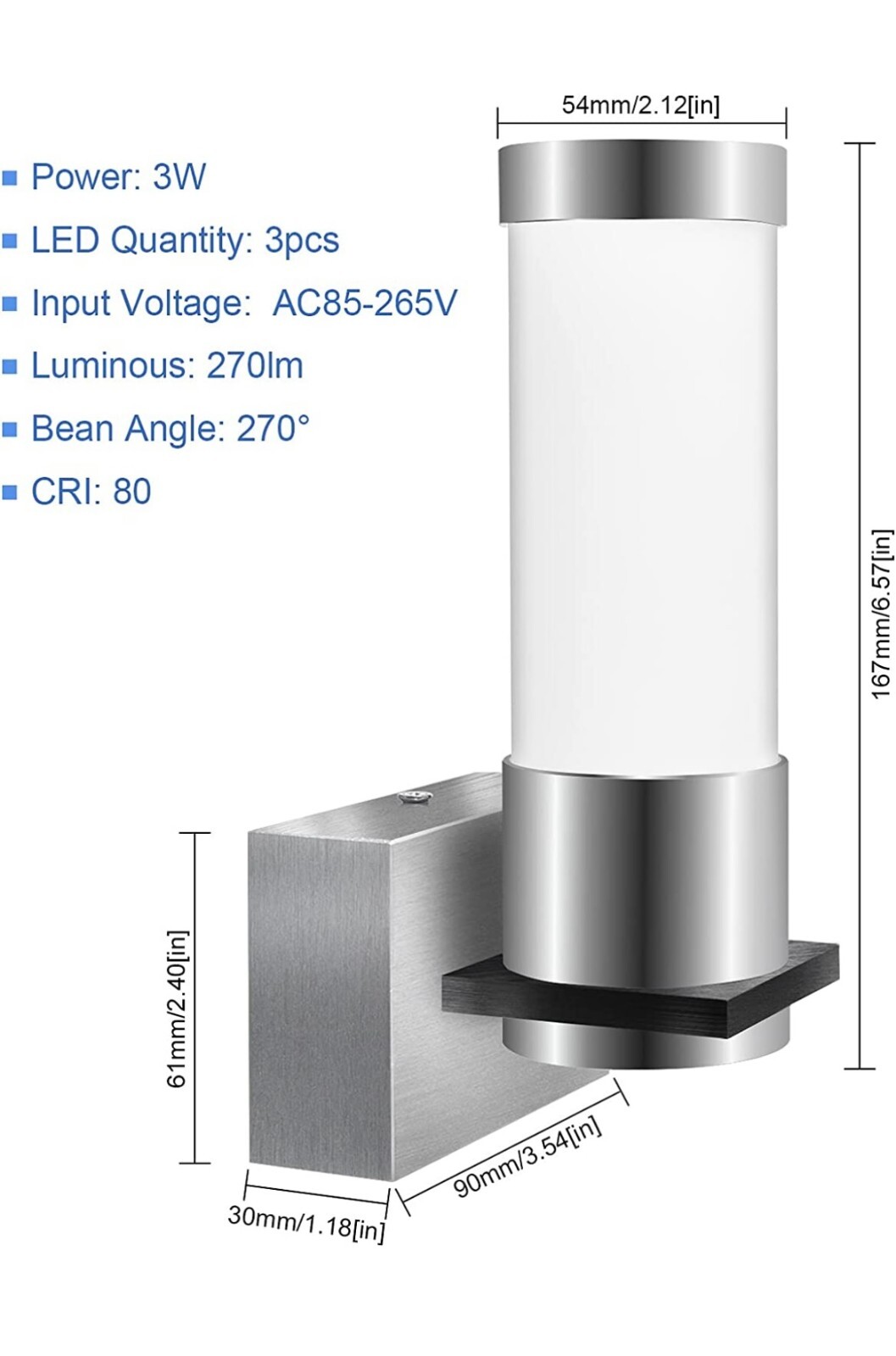 Luxvista Modern Wall Sconce Lights, 3W LED Wall Sconces, Frosted Cylinder Shade
