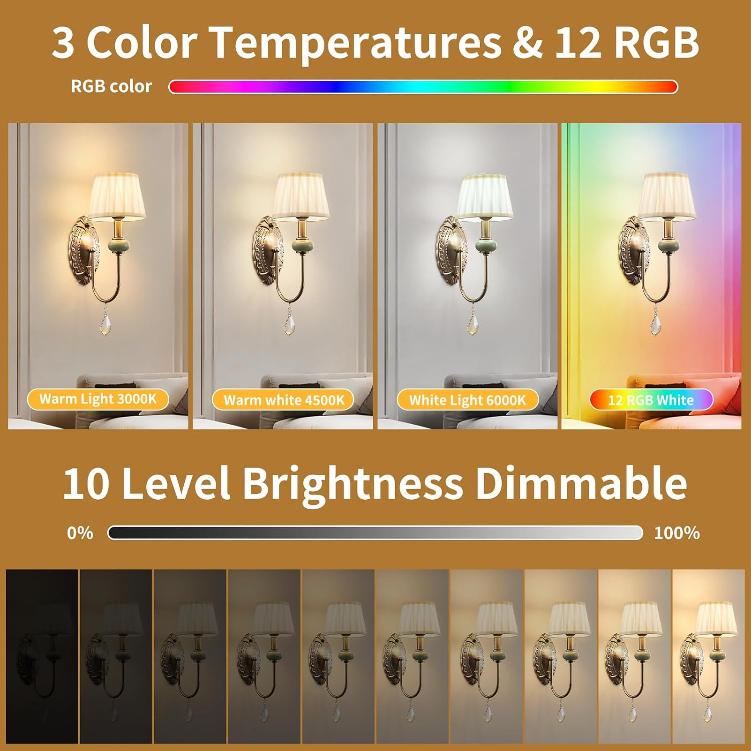 Antique Brass Wireless Wall Sconces Set of 2 with RGB Dimming and Remotes