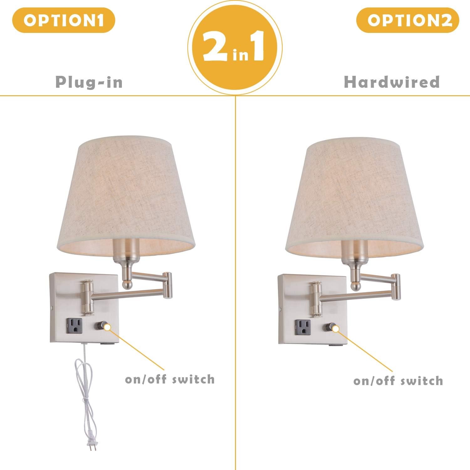 Affsure Bedside Wall Mount Light Dimmable Switch Outlet Swing Arm Fabric Shade