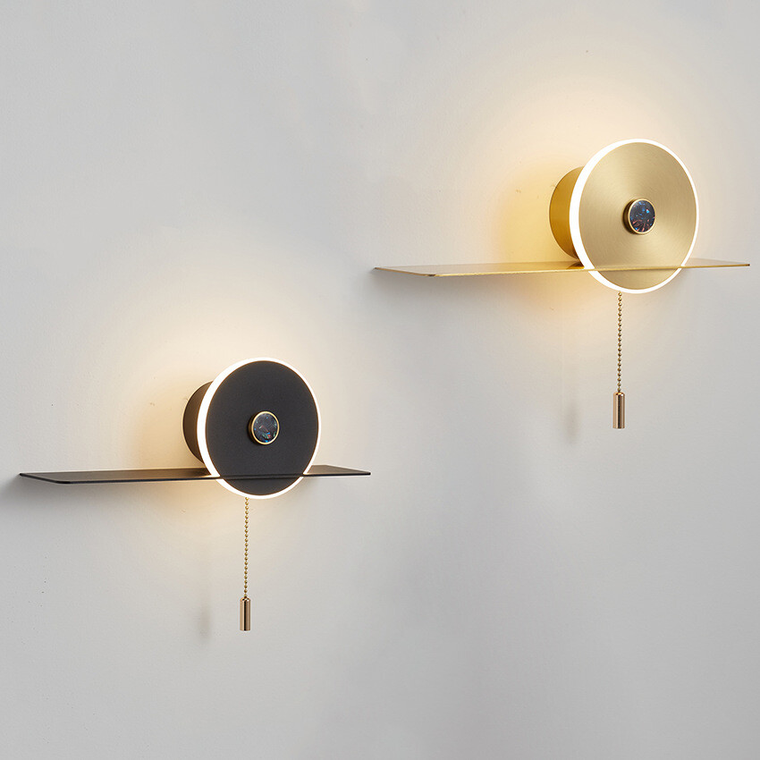 Modern LED Acrylic Bedside Lamp Fixture Metal Shelf Wall Light with Pull Switch