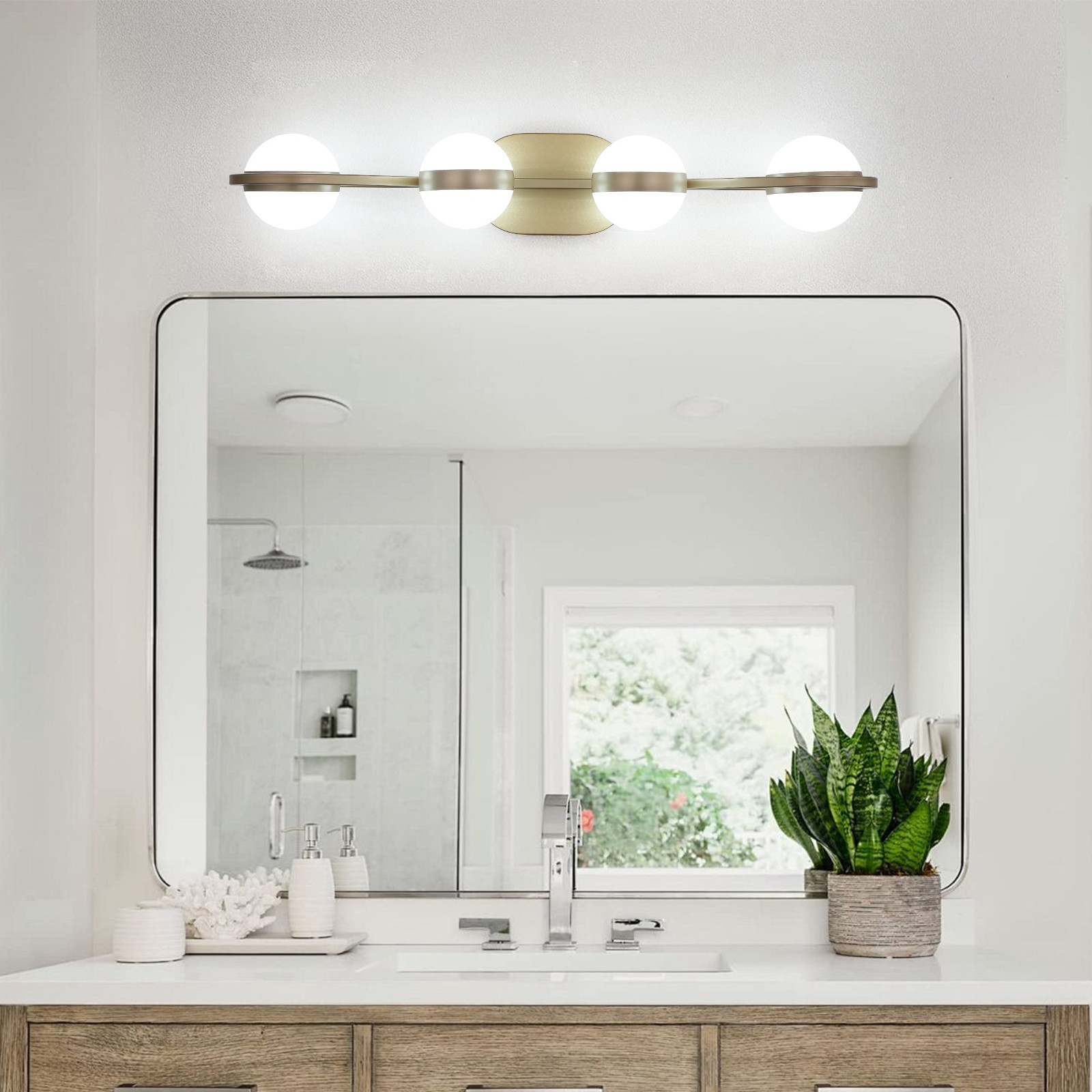 29 Inch Gold Vanity LED Light 4 Lights Fixture Crystal Sand Acrylic Shades