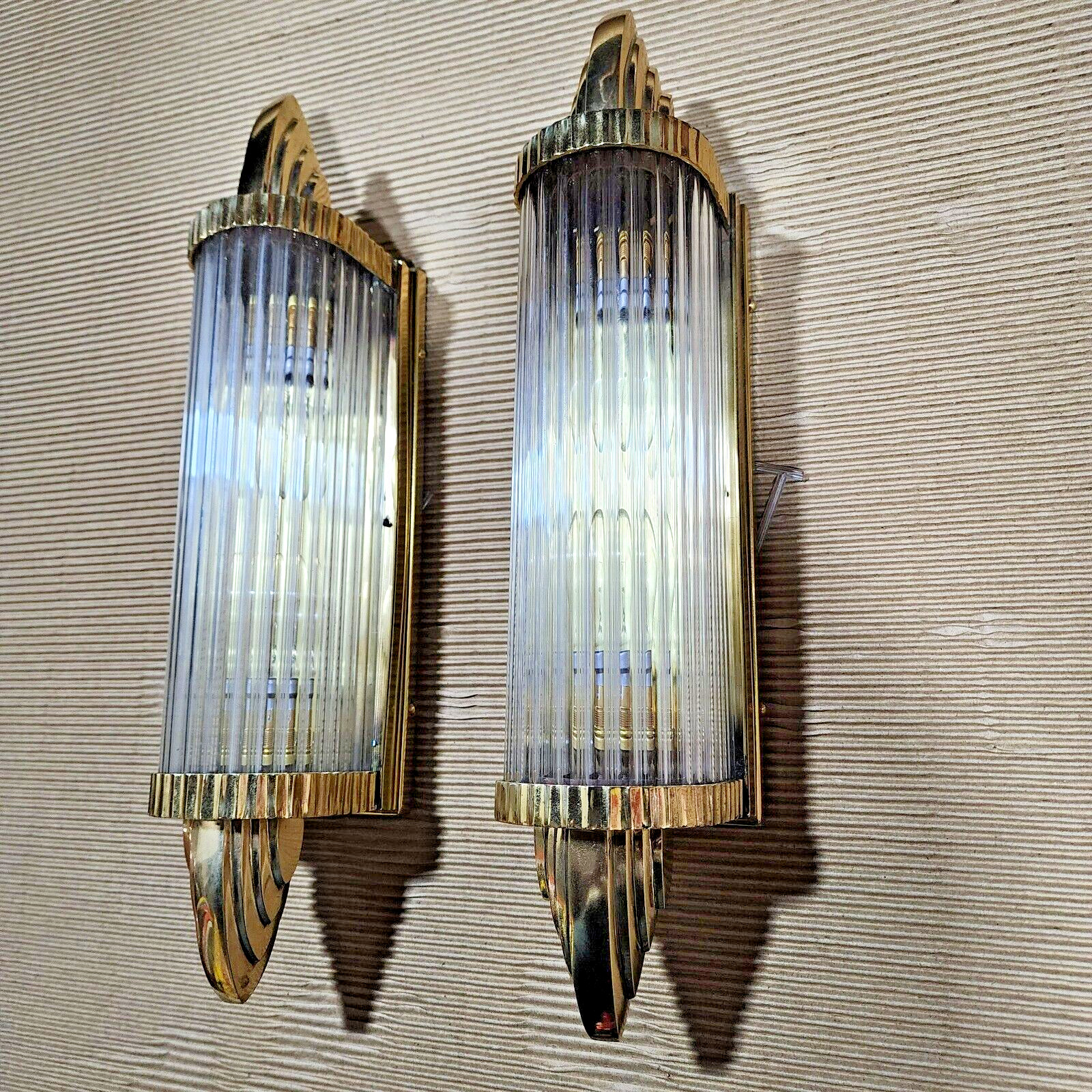 2-LIGHT BRASS WALL SCONE PAIR WITH CLEAR GLASS CRYSTAL 10 X 11 X 48 CM SM8
