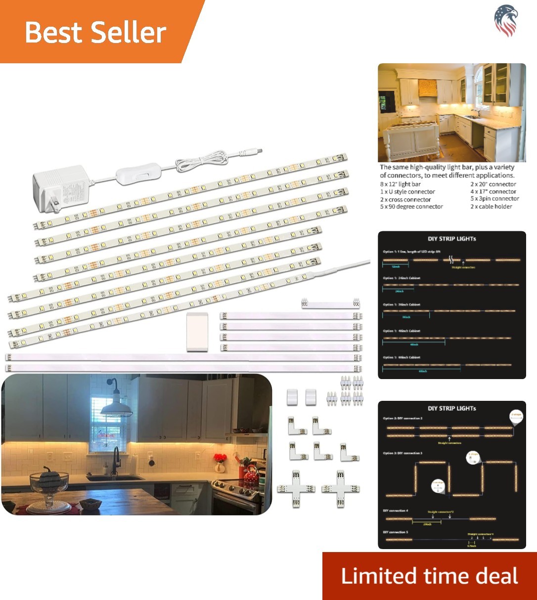 Compatible with Cabinets Shelves LED Light Bar Kit 8pcs 12inch Warm White