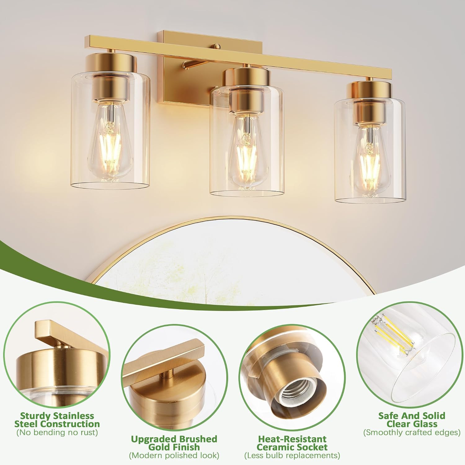 3-Light Bathroom Light Fixtures, Brushed Gold Vanity Light with Clear Glass Shad