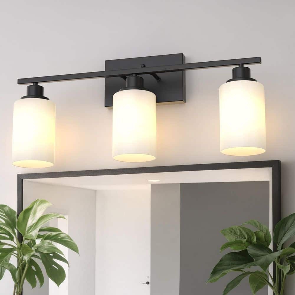 YANSUN 24 in. 3-Light Matte Black Bathroom Vanity Light with White Glass Shades