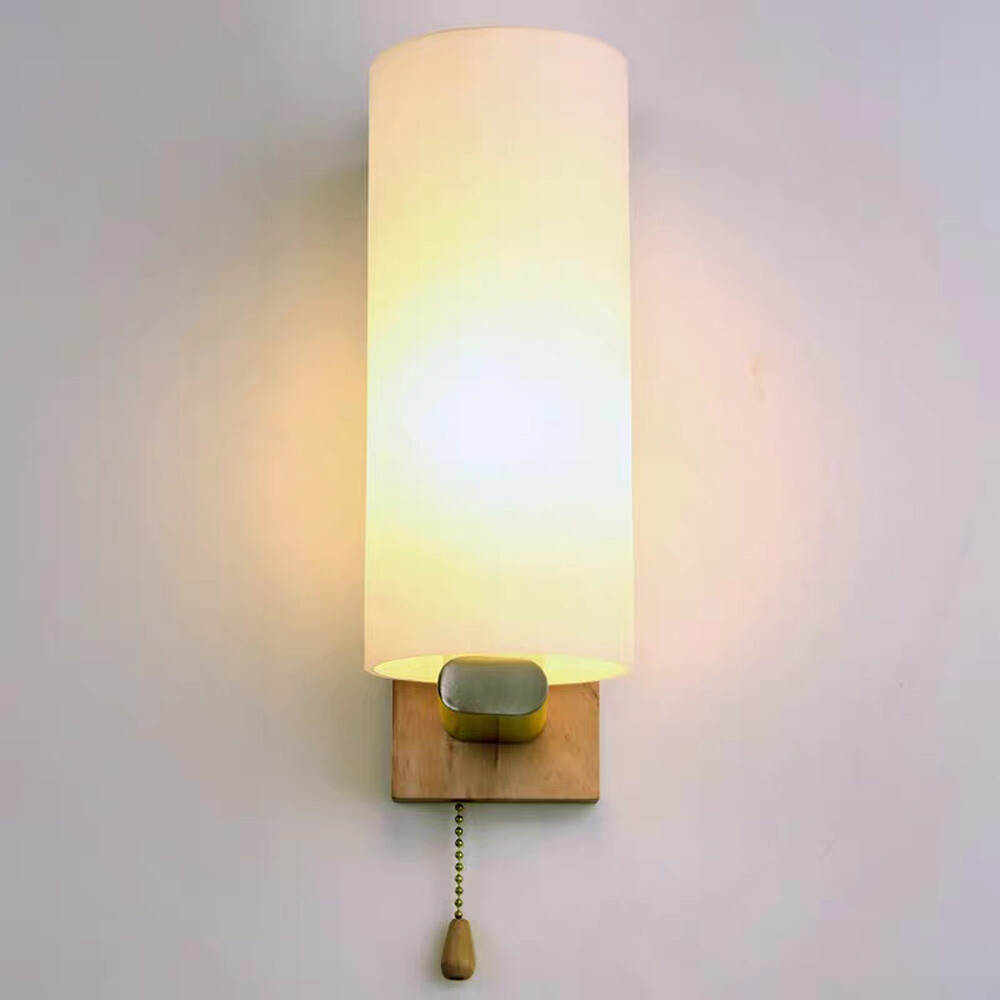 Wooden Glass Wall Lamp 5W Bedroom Sconce Light Fixture With Pull Switch