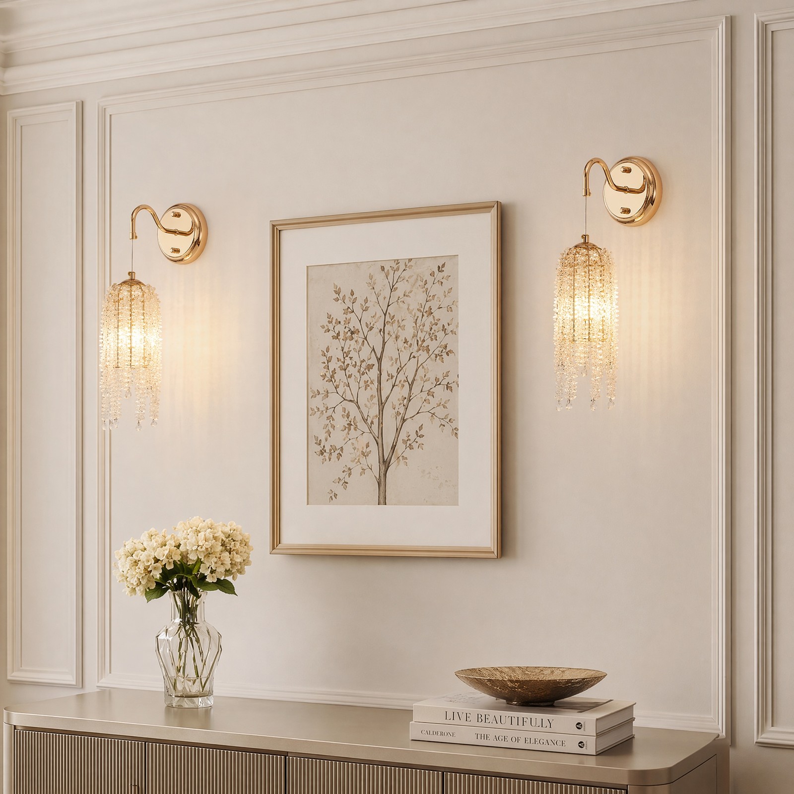 2 Pack 17 inch Gold Raindrop Crystal LED Wall Light Indoor Luxury Sconce Fixture