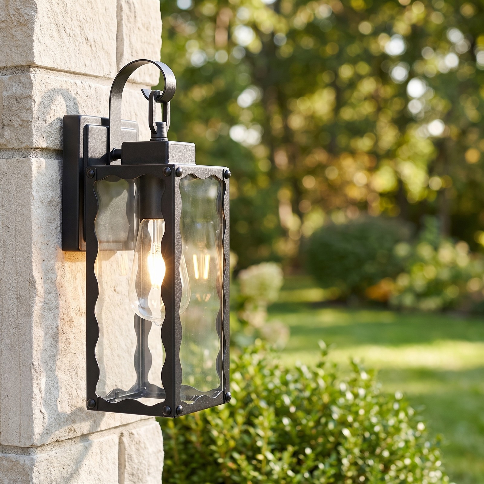 2 Pack 15″ Outdoor Black Wall Light Glass Porch Exterior Mount Sconce Fixture