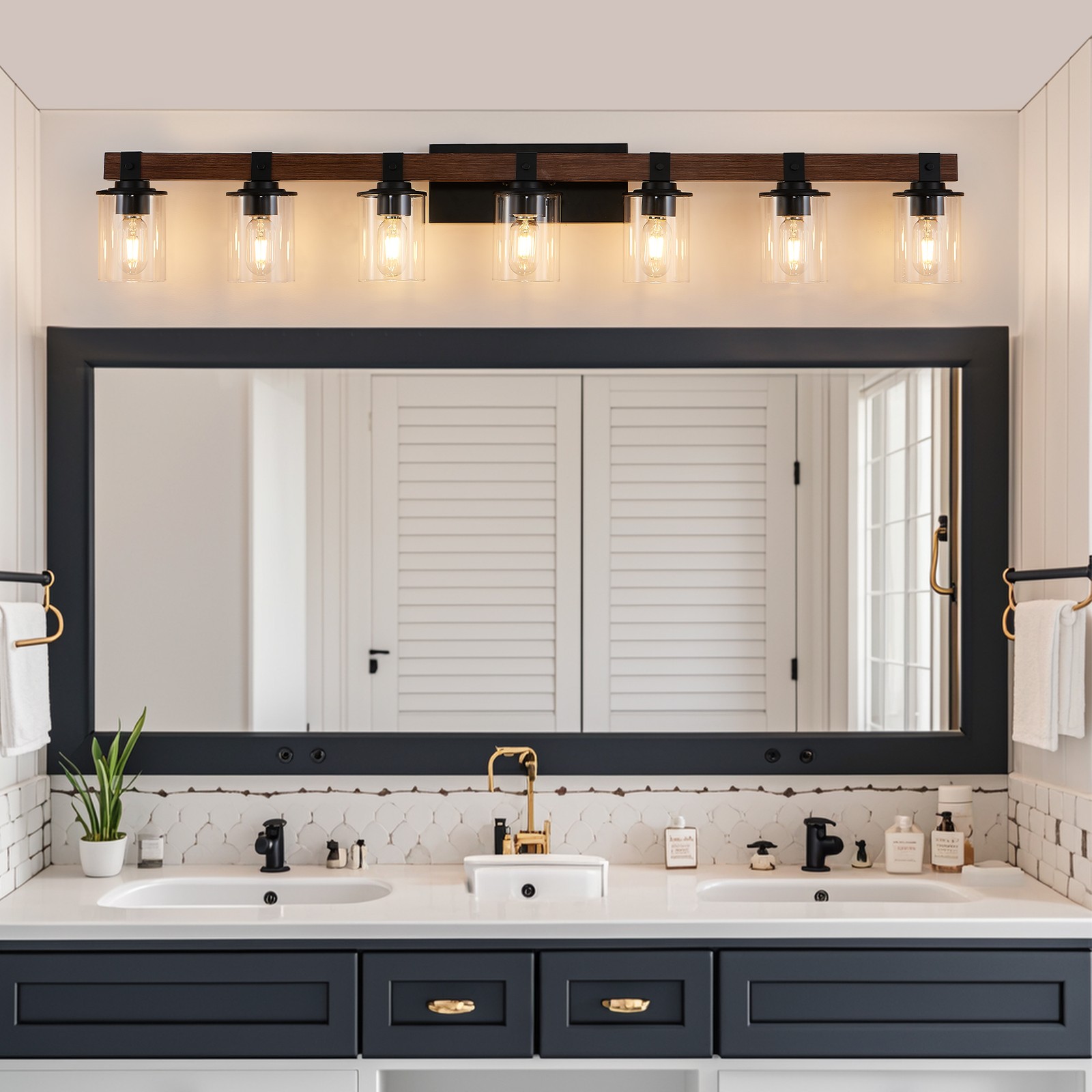 Vanity Light 7 Lights 50» Farmhouse Wood Black for Bathroom Mirror Wall Fixture
