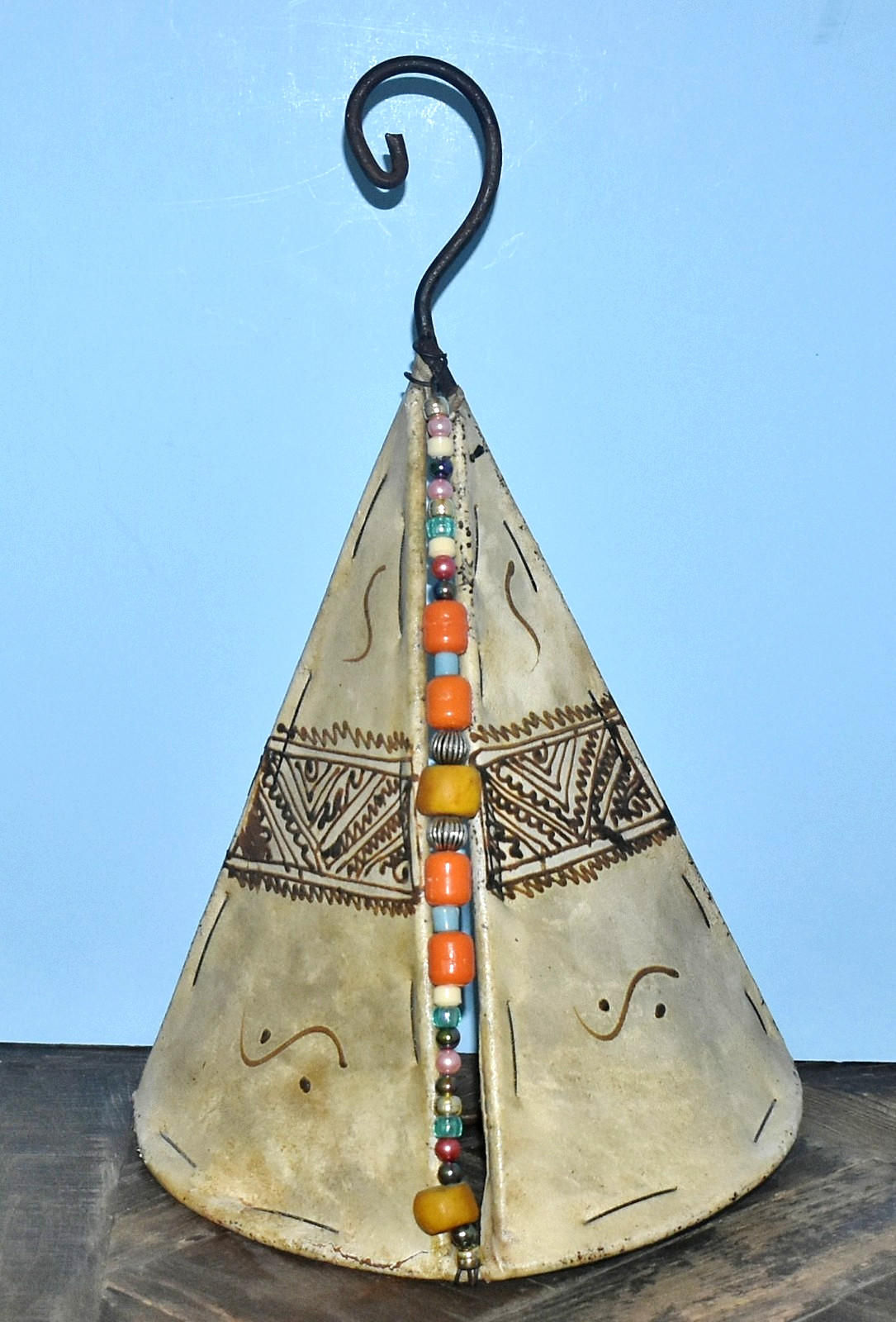 Moroccan Style Henna Hand Painted Goatskin Cone Shape Lamp w/A Wrought Iron Hook