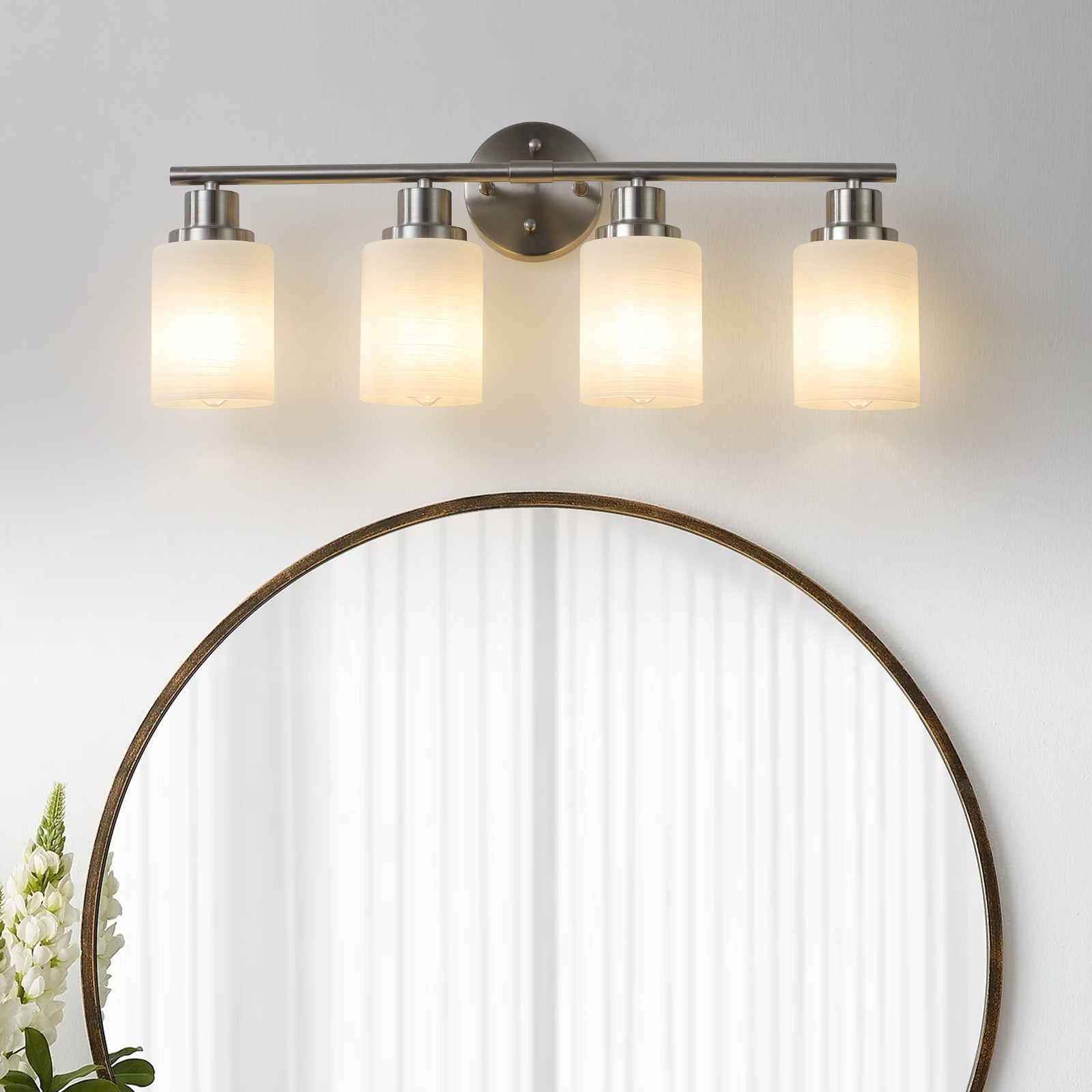 Silver 4 Lights Vanity Light Fixtures LED Wall Sconce Milky White Shade Bathroom