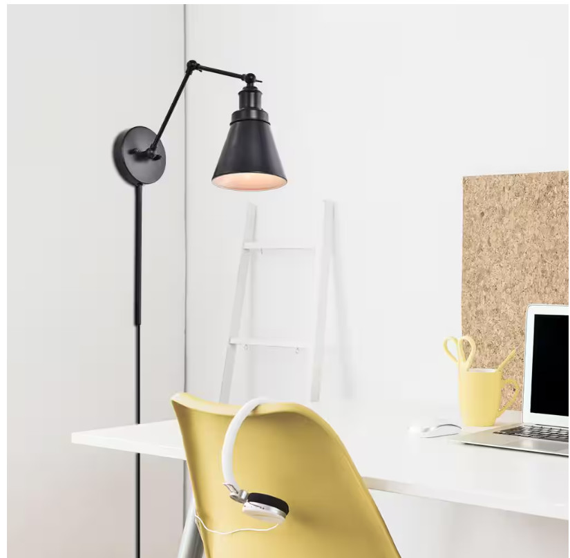 Hampton Bay 1-Light Black Plug-In/Hardwired Swing Arm Wall Lamp with 6 ft. Cord