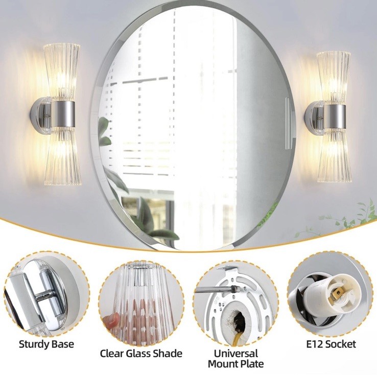 2pc DASTOR Modern Chrome Wall Sconce Bathroom Vanity Light Fixture with Clear.R7