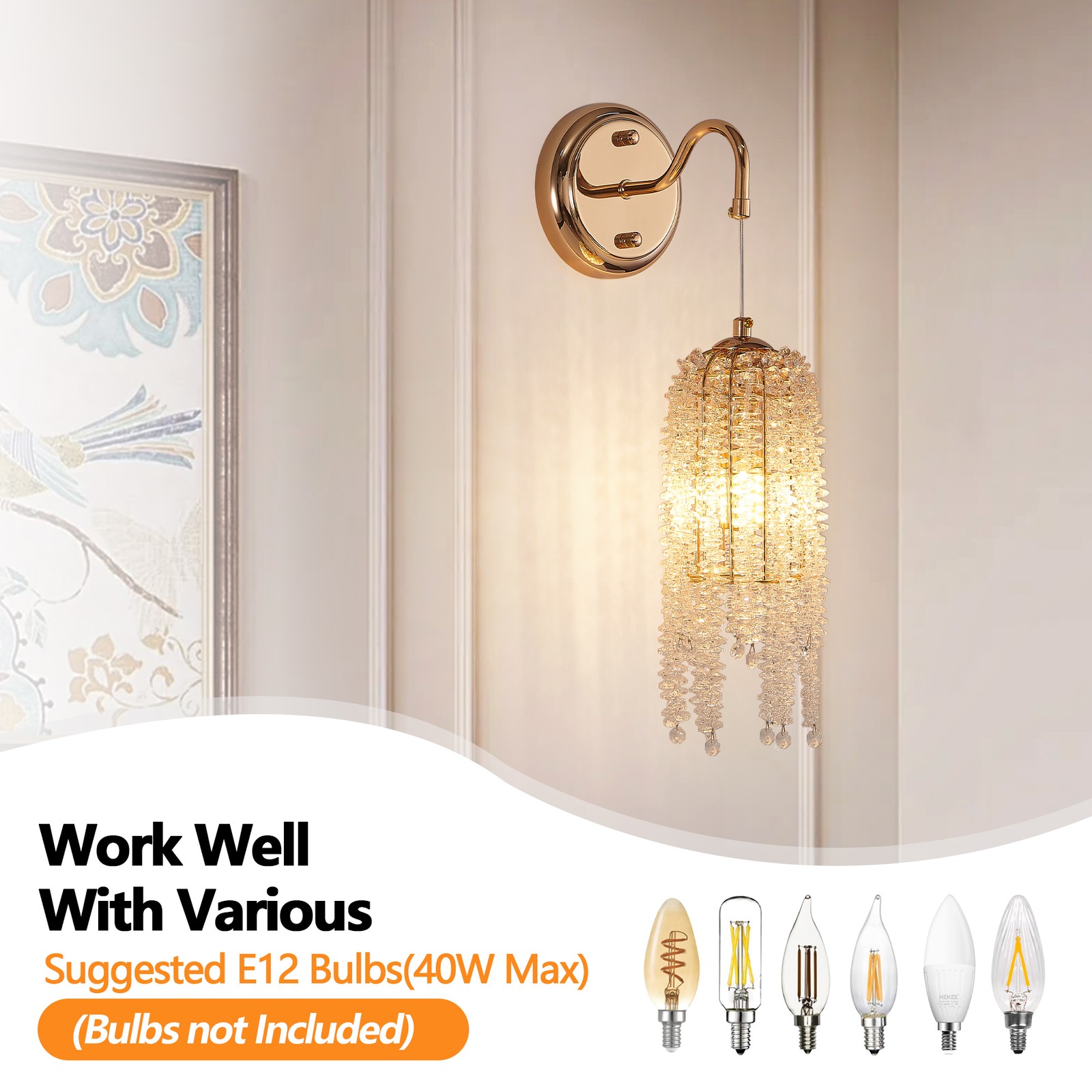 Modern Gold 2 Pack indoor LED Wall Sconce Light Crystal Lamp for Bedroom Fixture