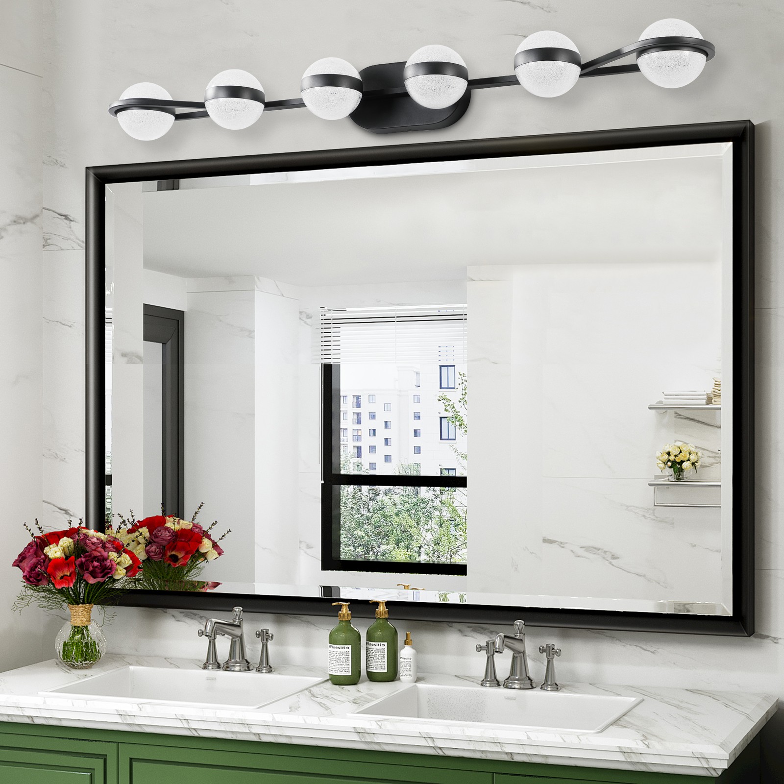 43 Inch Black Vanity LED Light 6 Lights Fixture Crystal Sand Acrylic Shades