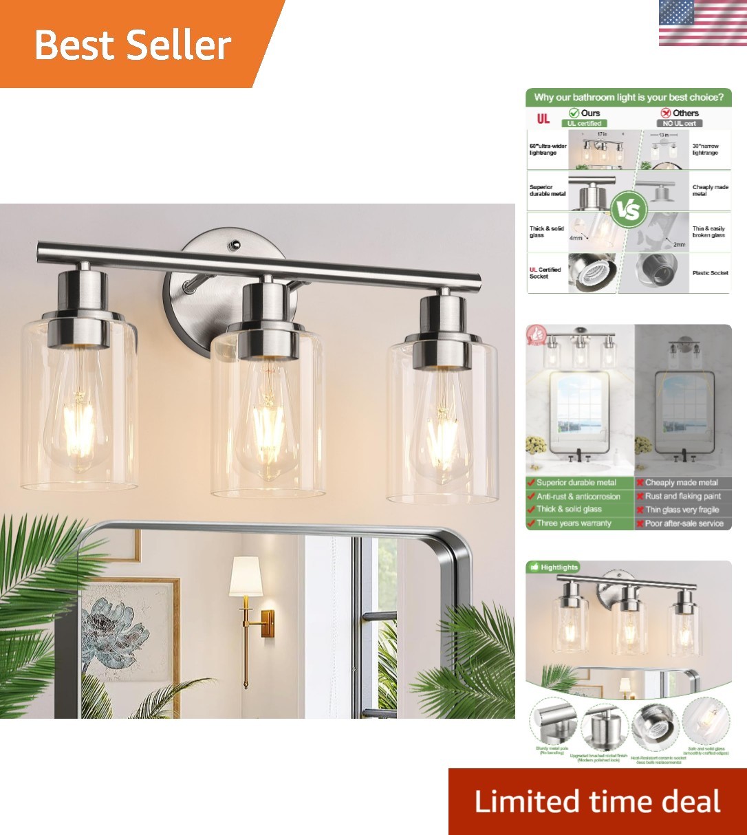Energy Efficient Brushed Nickel 3-Light Vanity Fixture with Glass Shades