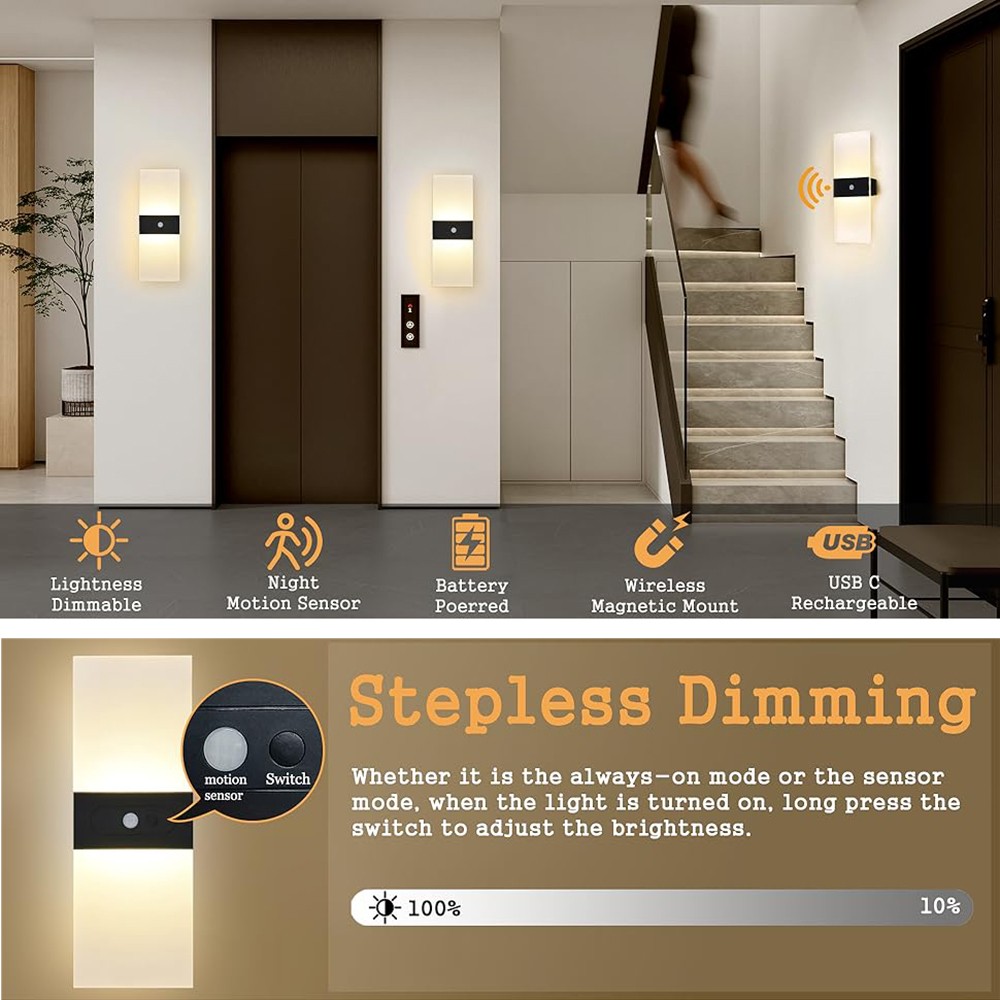 4PCS Motion Sensor Wall Sconces, Battery Operated Wall Sconce Rechargeable Light