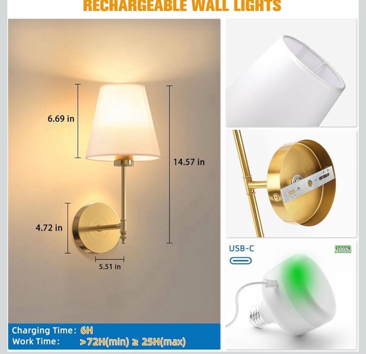 NIORSUN 14.5 inch Battery Operated Wall Sconce Set of 2,Gold Rechargeable Wall