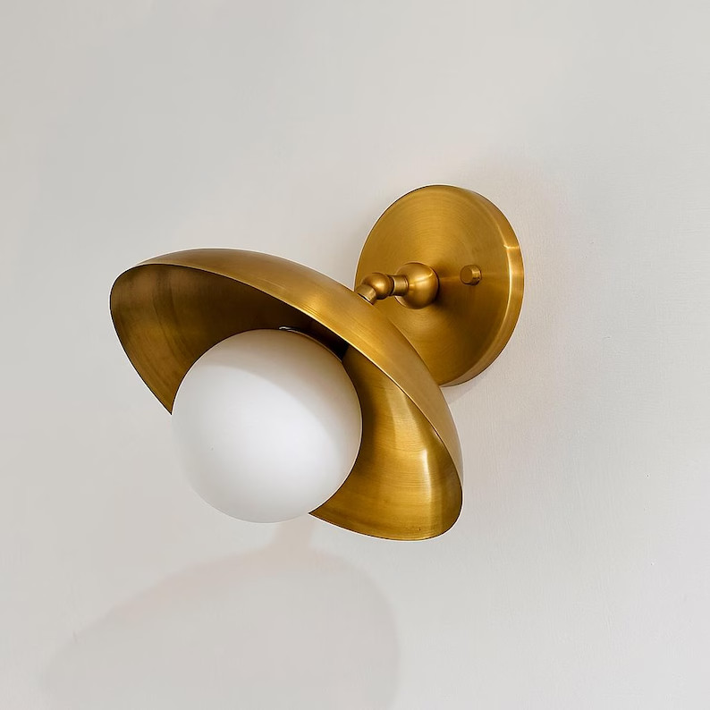 Handmade Brass Bowl Wall Sconce: Mid Century Modern Frosted Globe Light