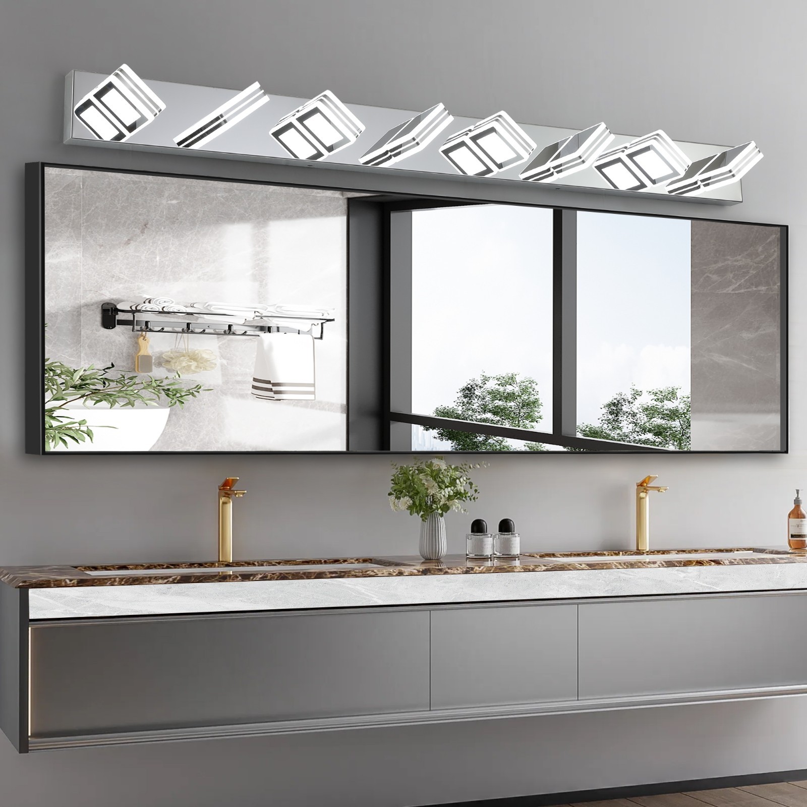 52″ Modern Chrome 8-Light LED Vanity Light, Square Acrylic Lampshades Wall Mount