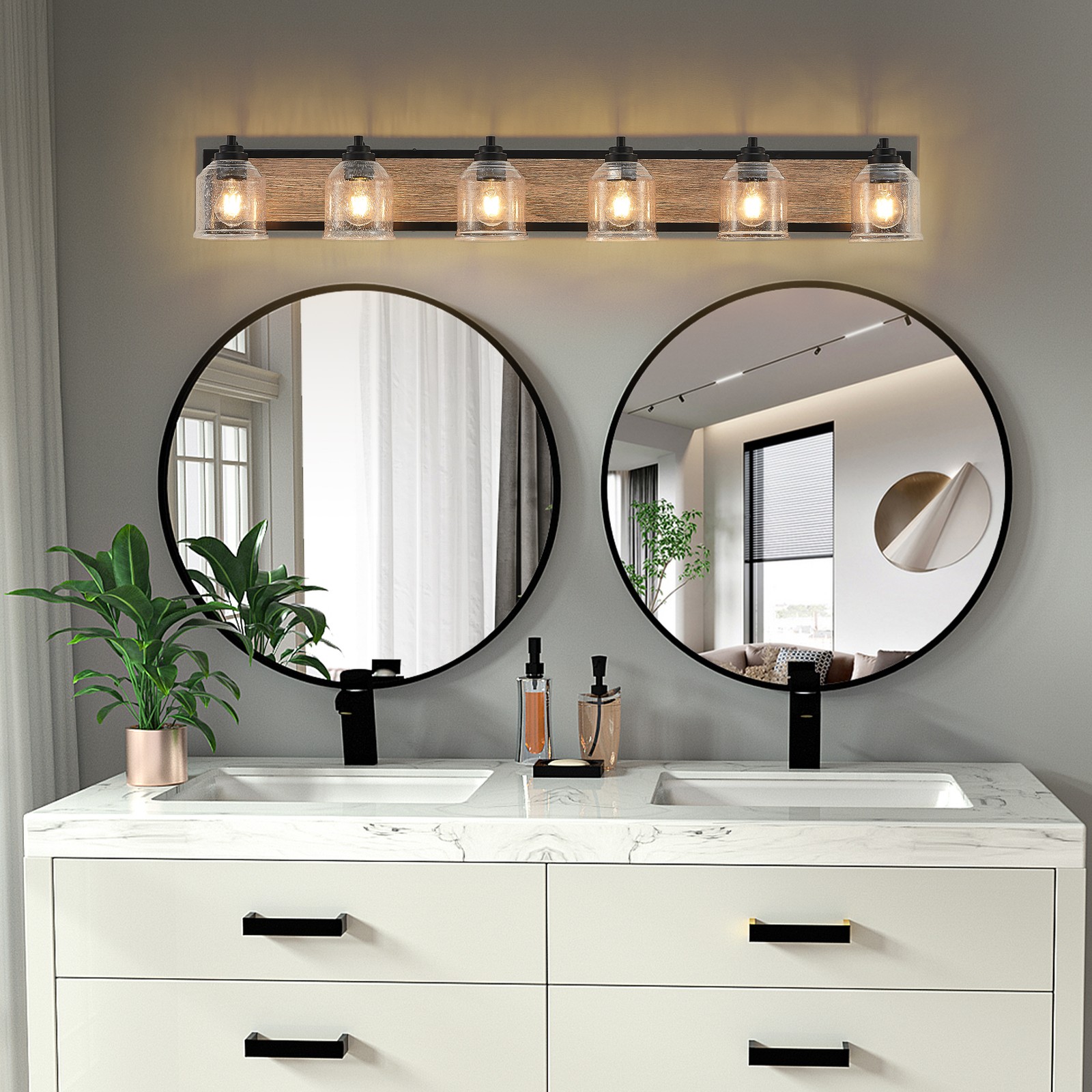 Vanity Light 48 inch 6 Lights Wood Bubble Glass Bathroom Mirror LED Wall Fixture