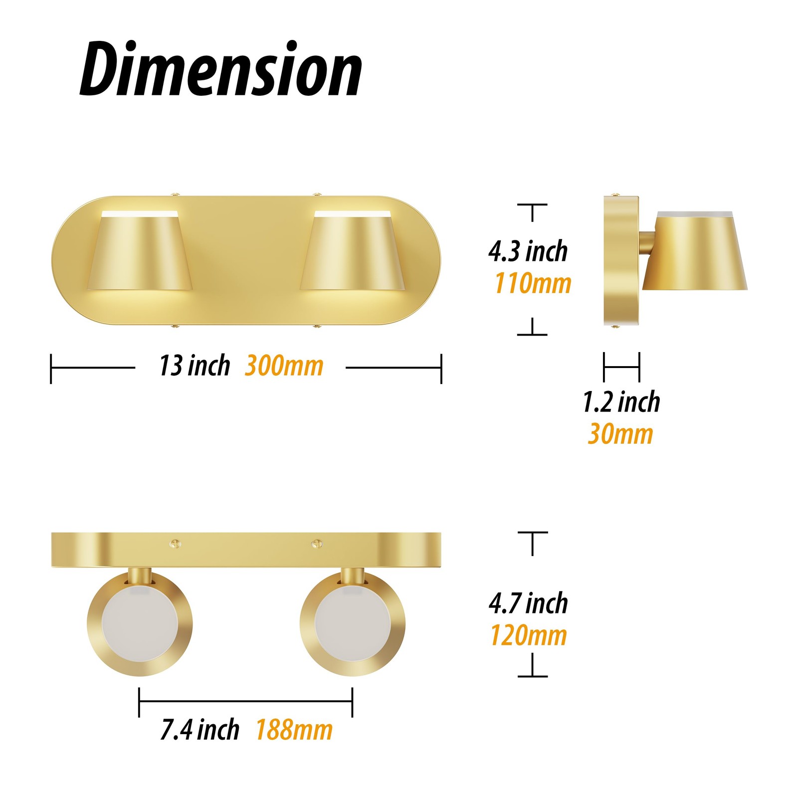 2 Light Bathroom Vanity Light, LED Gold Wall Light Fixtures, Up and Down Rota…