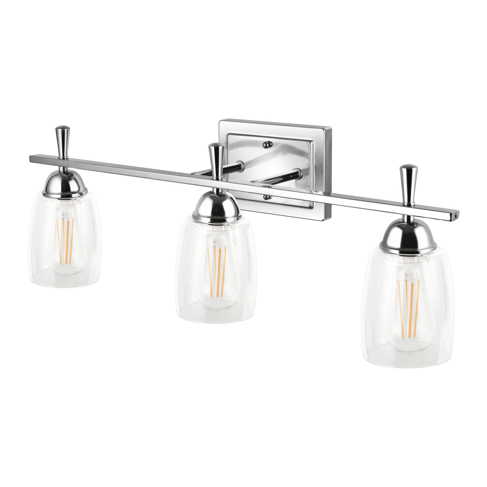 24.41″ Modern 3-Head Vanity Light, Chrome Finish Clear Glass, ST18 LED Bulbs