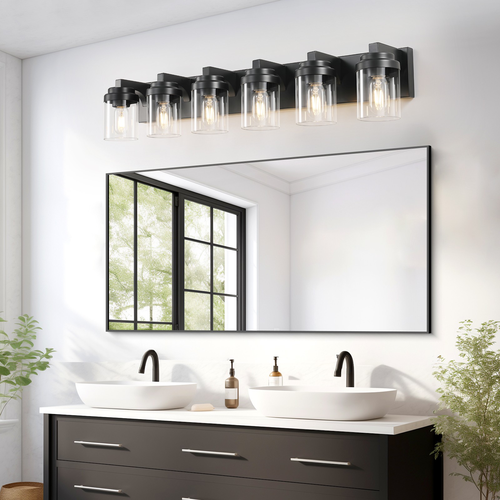 LED 38 in 6 Lights Black Vanity Light Clear Glass Shade for Bathroom Mirror Wall