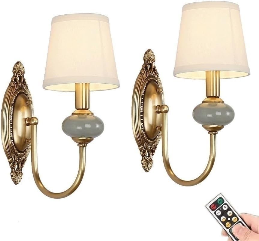 Rechargeable Wireless Antique Brass Wall Sconces with Remote – Set of 2