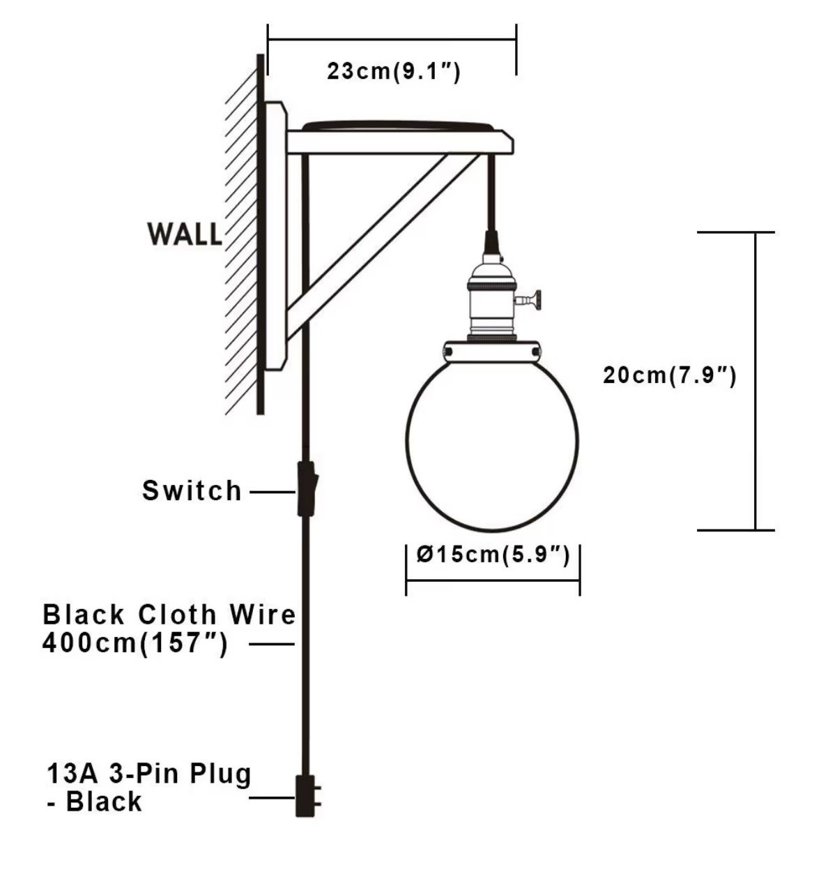 Wall Pendant Sconce Plug In Hanging Light Glass Globe Lamp Brass Black