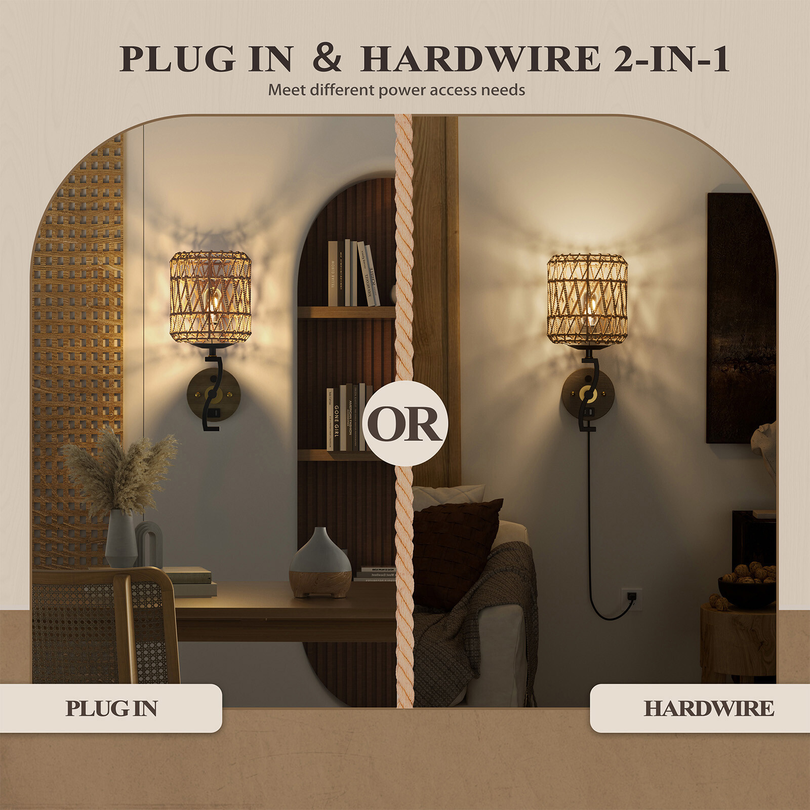 Vintage Wall Light Dimmable Hardwired LED Wall Sconce Bedroom Rattan Shade Brown