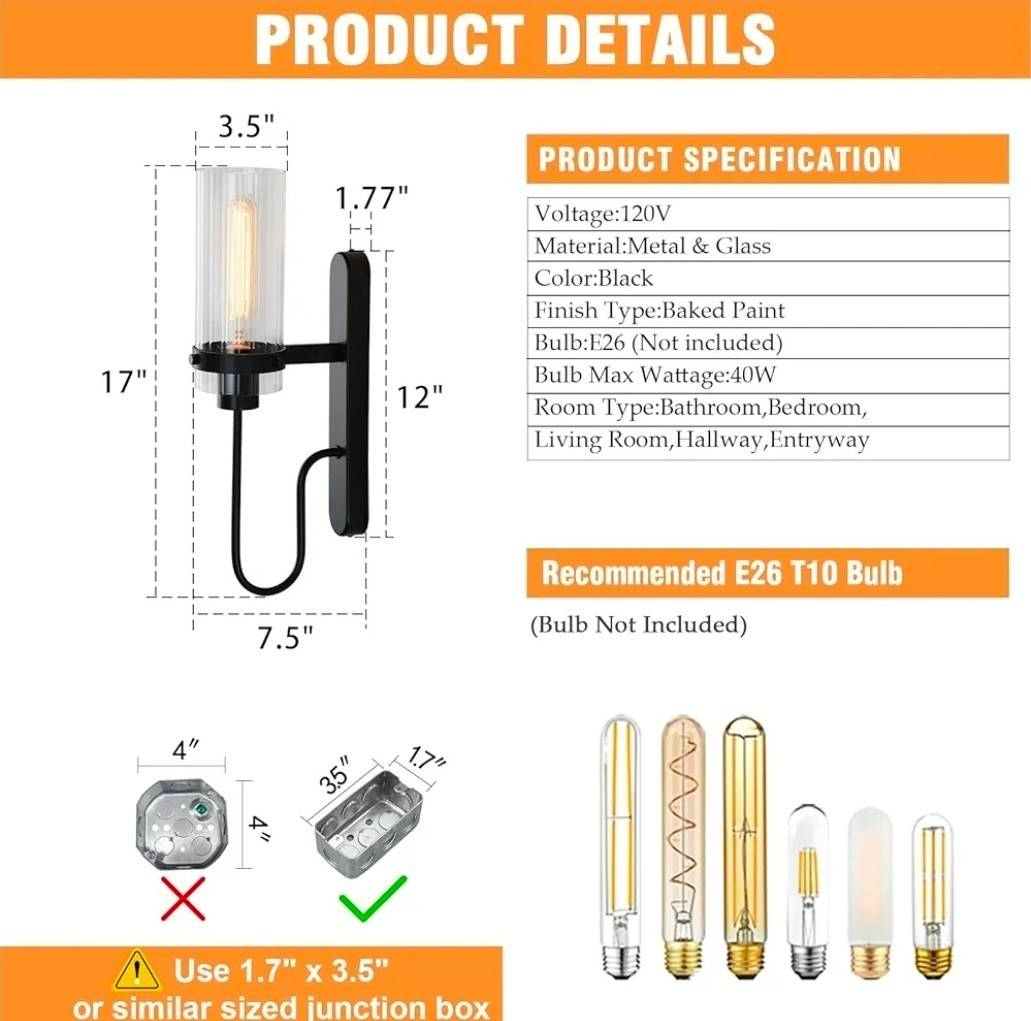 Bathroom Sconces Set of 2, Black Modern Vanity Lights with Clear Glass Shade,…