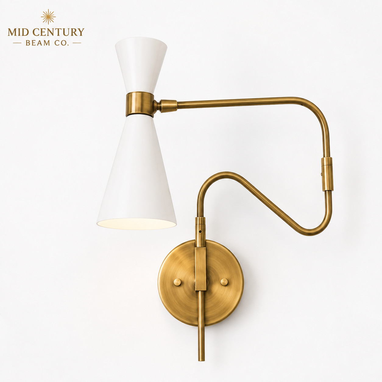 Modern Brass Swing Arm Wall Sconce Adjustable White Cone Shade Hardwired Light