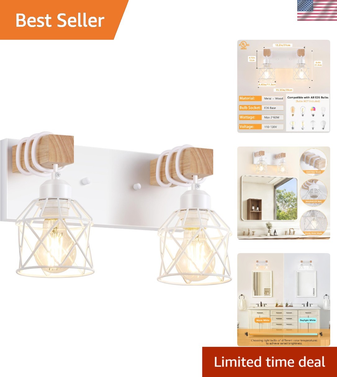2-Light White Bathroom Light Fixtures, Wood Bathroom Vanity Lighting Fixtures…