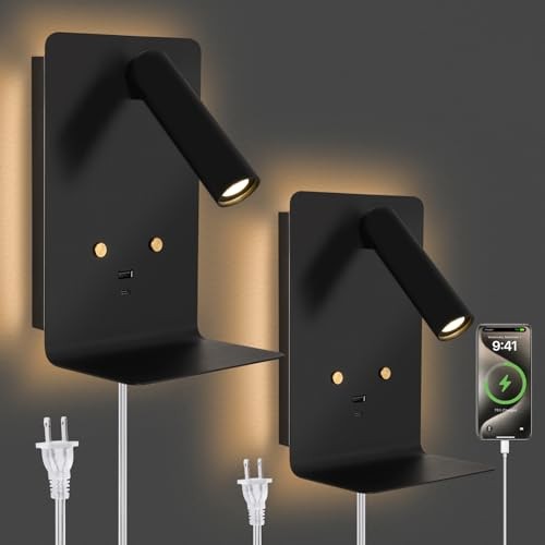 Modern Wall Mounted Reading Lights Plug in, Black Headboard Reading Black-2pcs