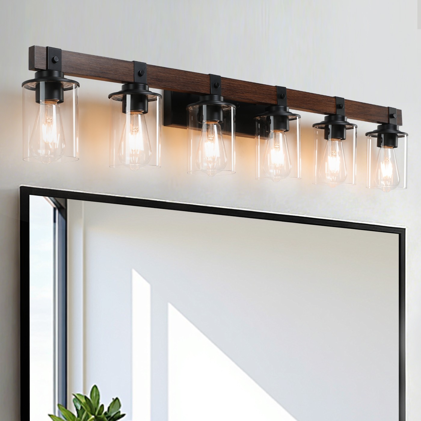 LETRY 6-Light Farmhouse Wood Vanity Light Cylinder Glass 42in Bathroom Wall Lamp