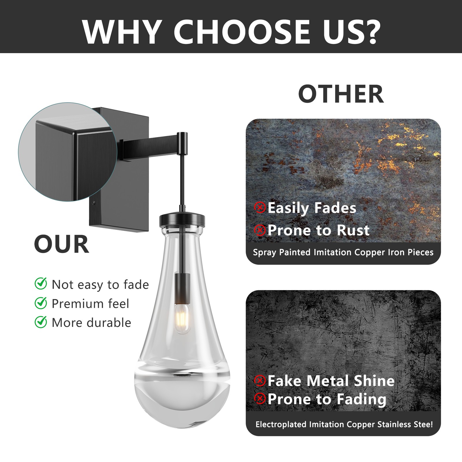 2 Pack Raindrop Solid Glass Wall Lamp Black Vanity Light Bathroom Sconce Fixture