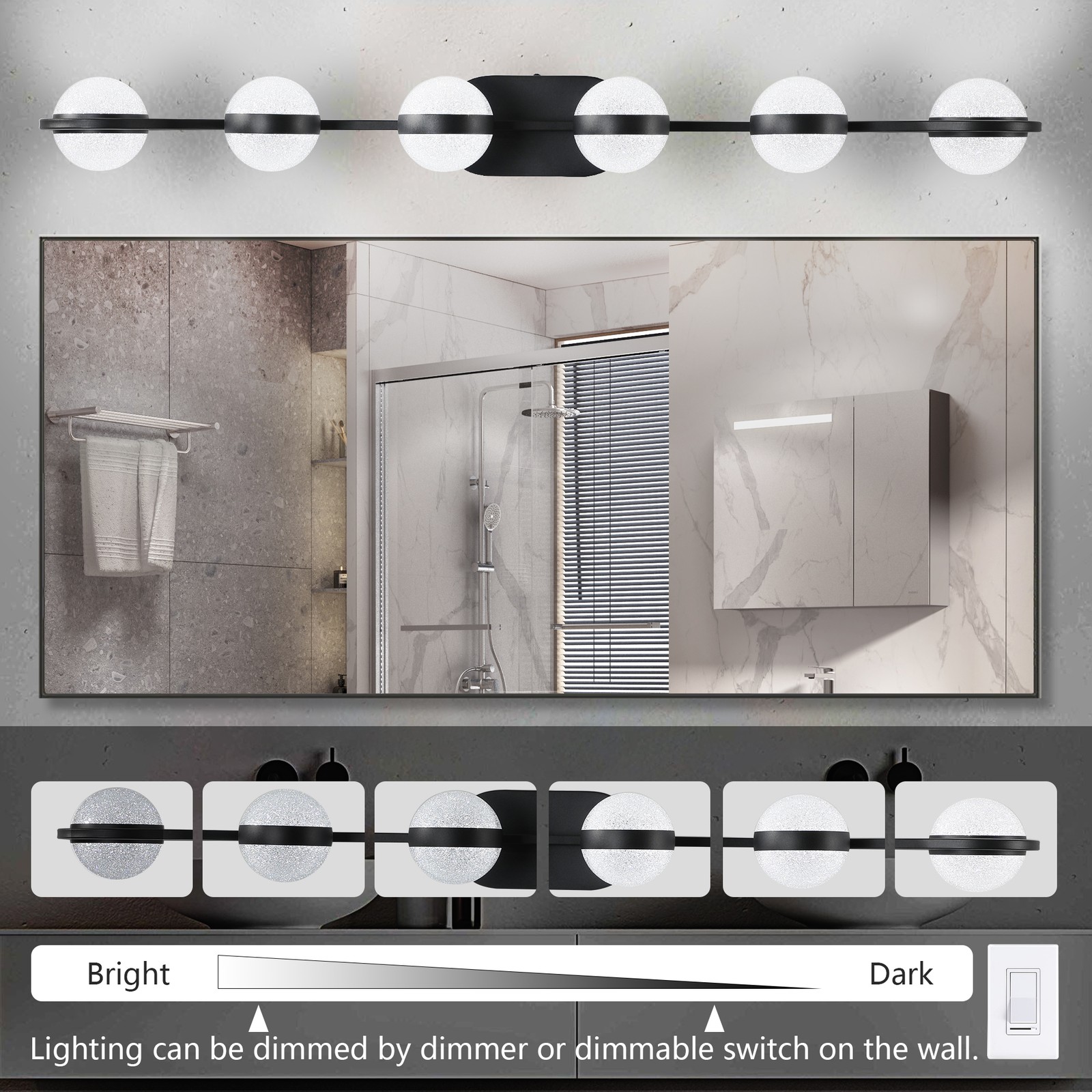 43 Inch Black Vanity LED Light 6 Lights Fixture Crystal Sand Acrylic Shades