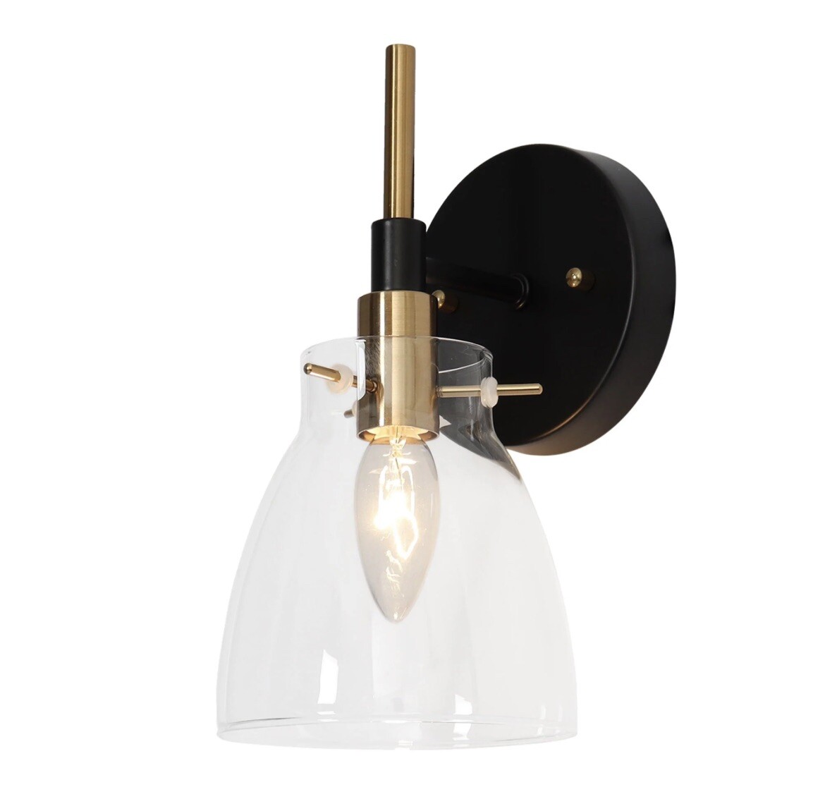 Zevni A04671 5 in. 1-Light Black & Modern Brass Wall Sconce w/Clear Glass Shade