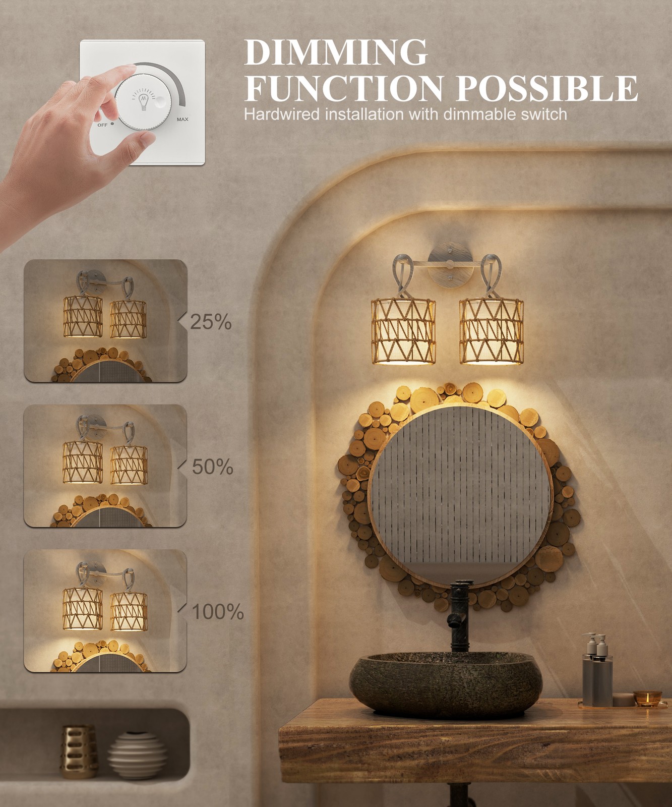 2-Lights Front Mirror Light Hardwired Wall Sconce Rattan LED Wall Lamp Indoor