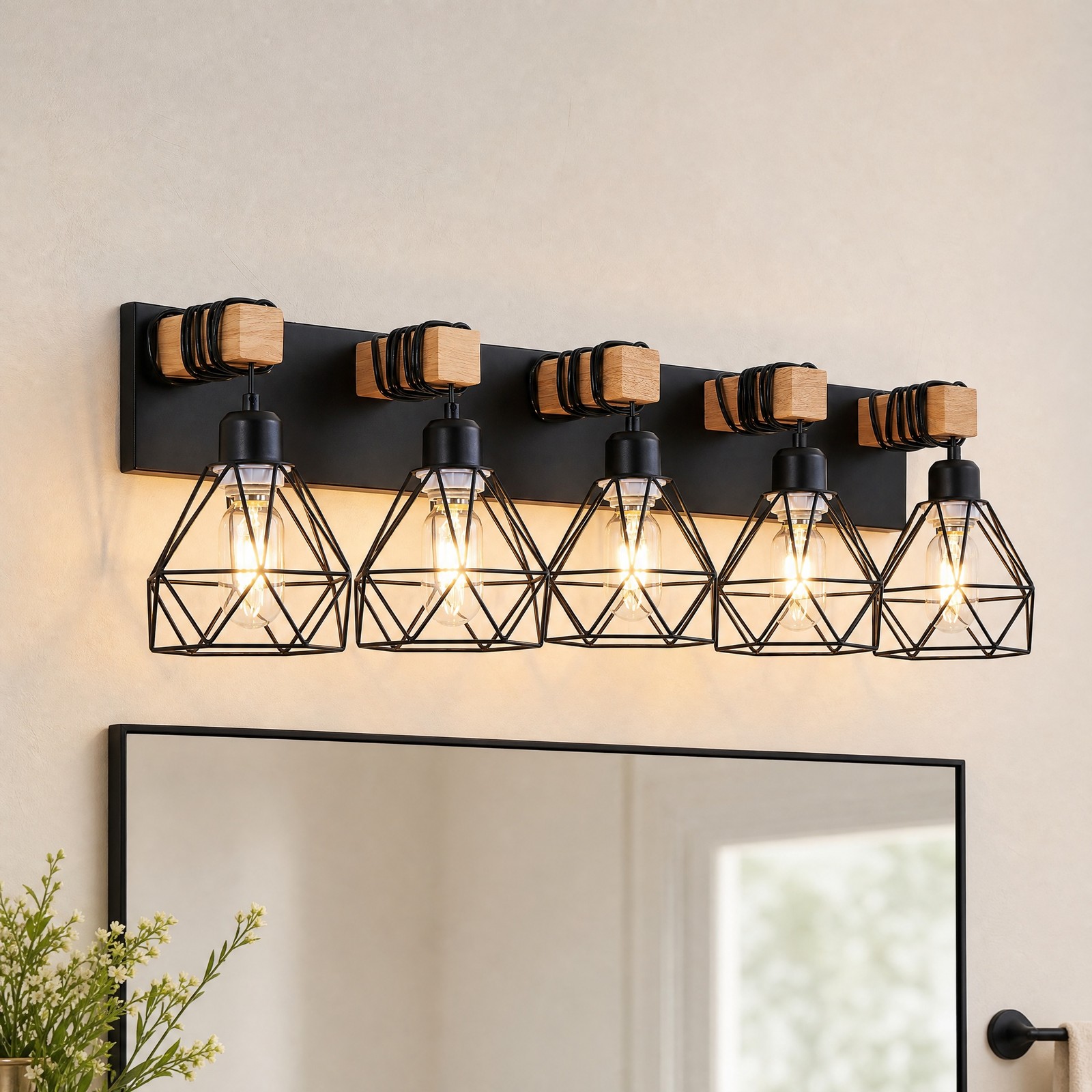 31» Metal Shade Vanity 5 Light LED Black Bathroom Mirror Wall Sconce Fixture