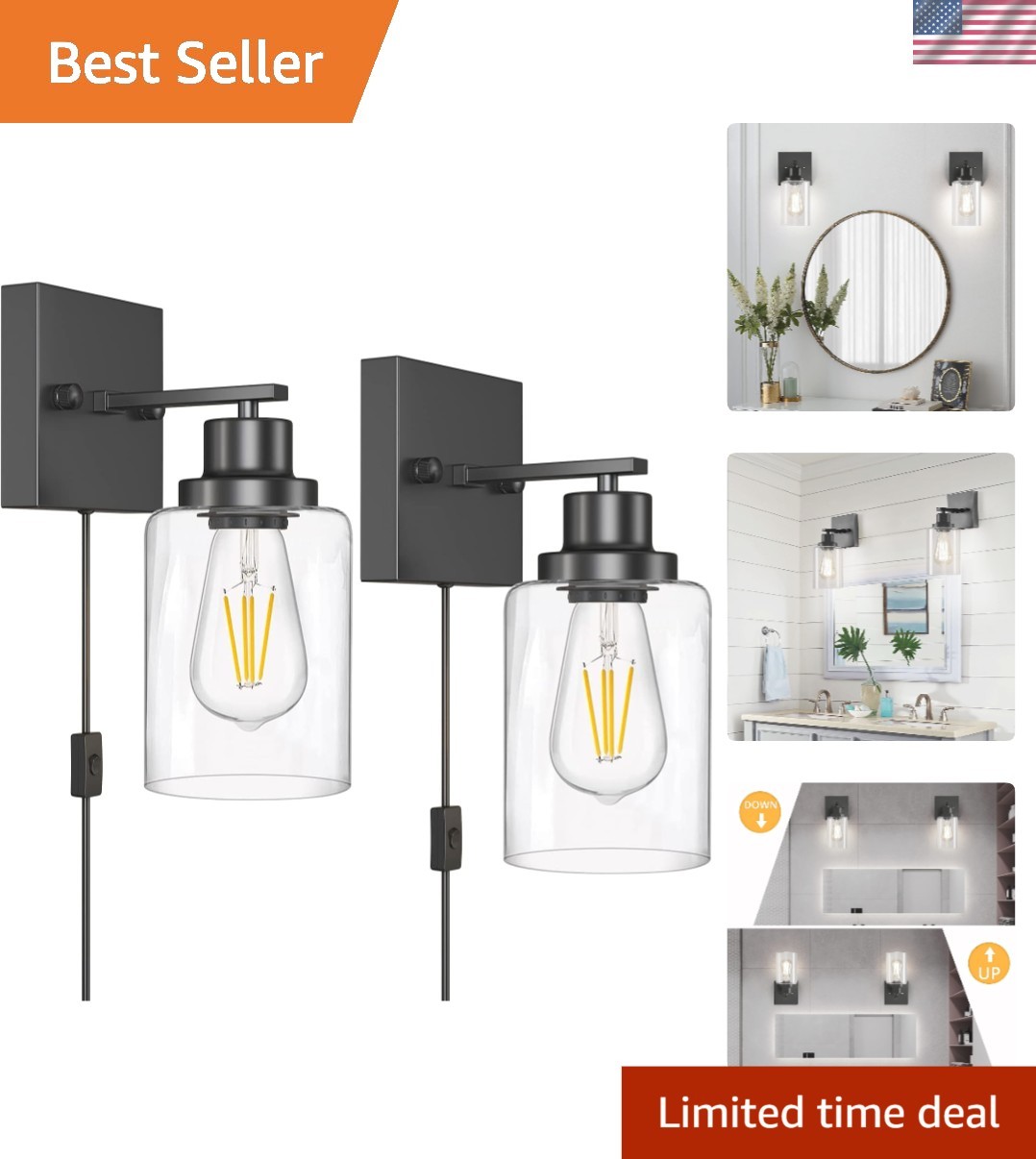 Sturdy Plug-In Wall Sconces with Waterproof Design and E26 Base Compatibility