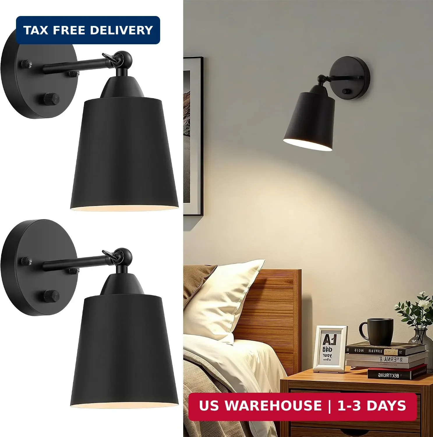 Dimmable Wall Sconces Set of Two, Bedside Wall Mount Lamp with Rotary Switch, Bl