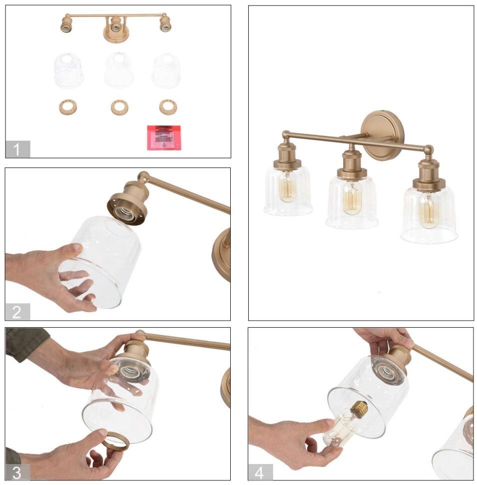 Brass Gold Bathroom Vanity Light 3-Light Dome Powder Room Wall Sconce A04023 OB
