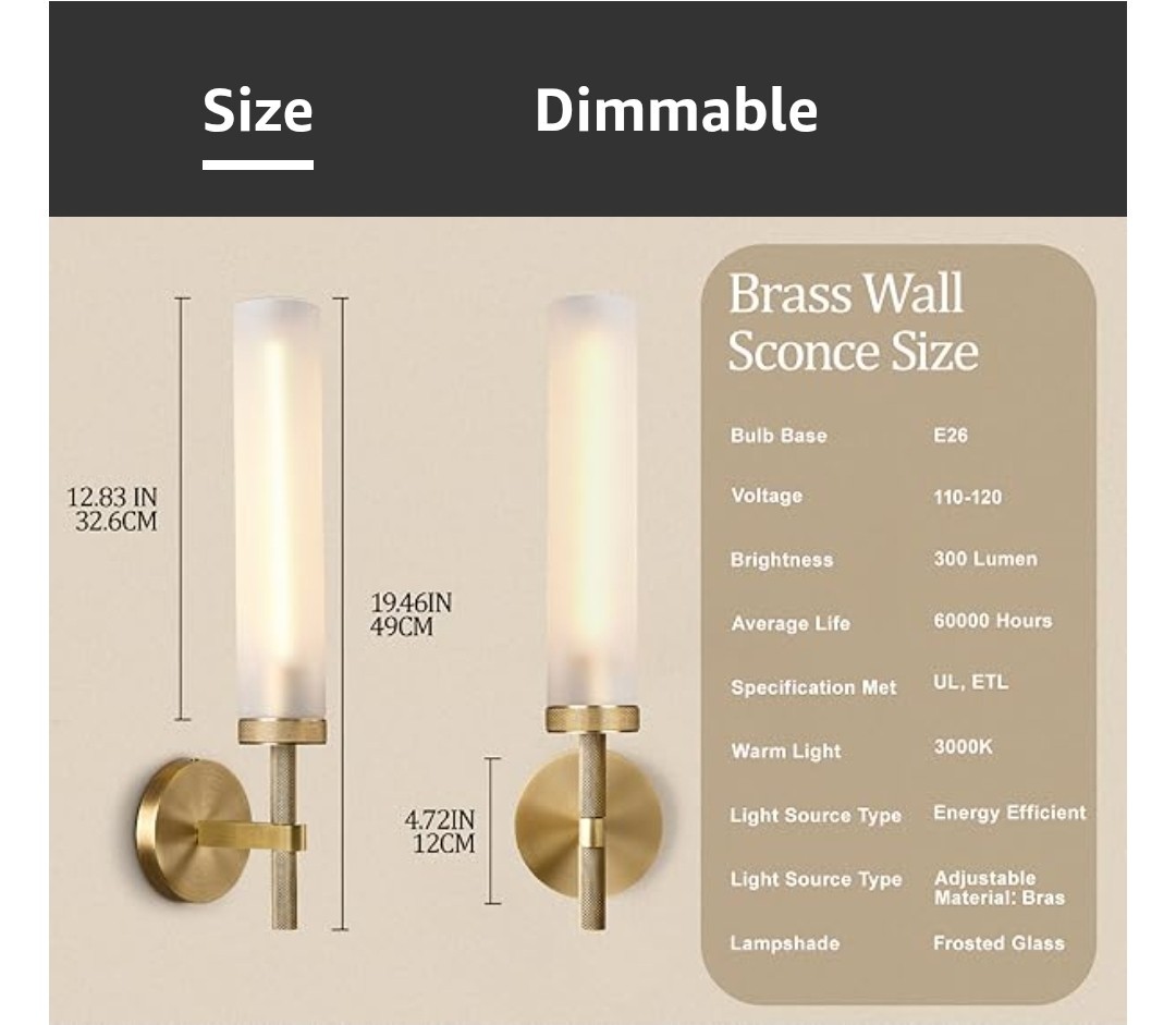 20»Knurled Solid Brass Wall Sconces Set of 2,Premium Frosted Blown Glass Tube..