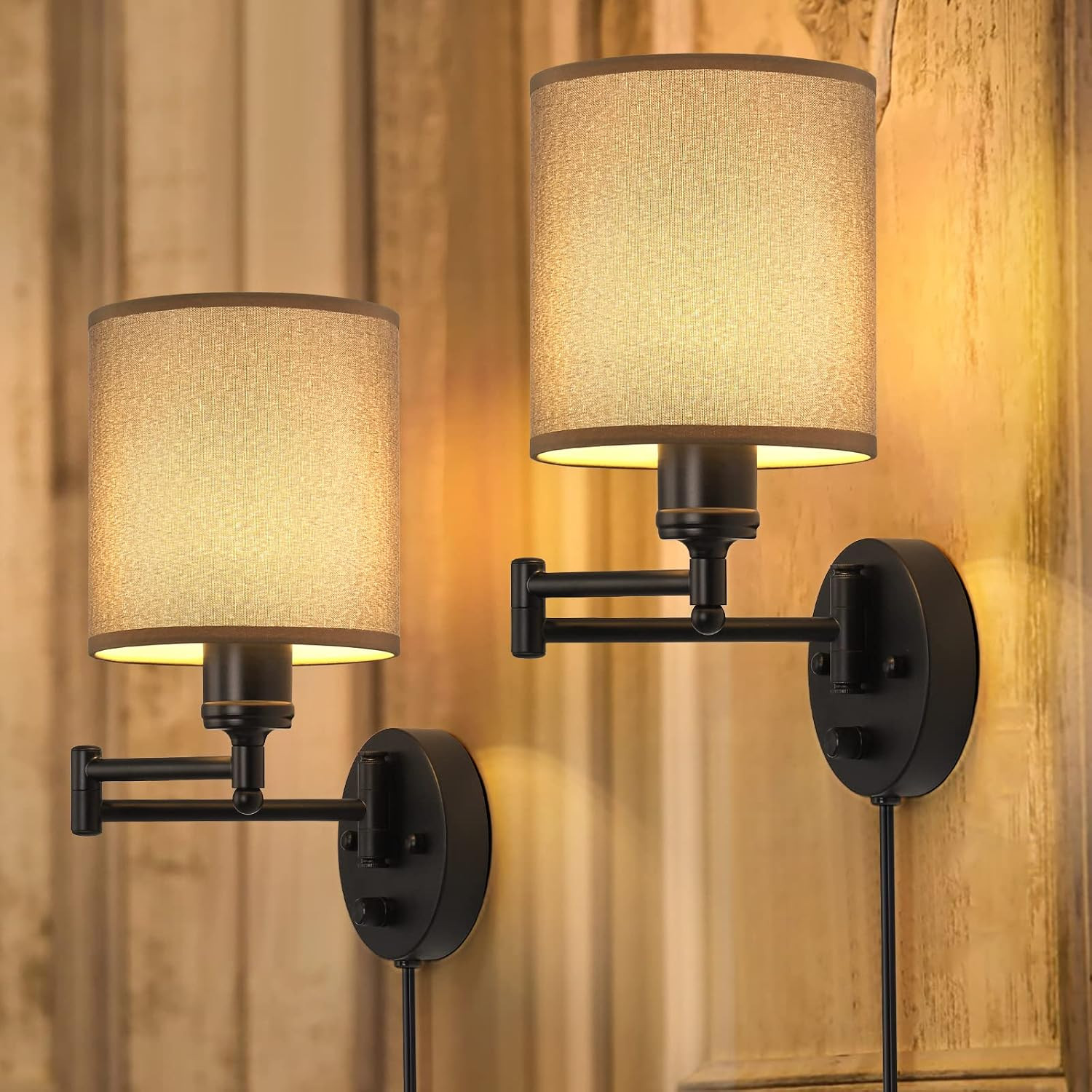 Wall Lamps Plug In, Swing Arm Wall Sconce Set of 2 | Light Brown